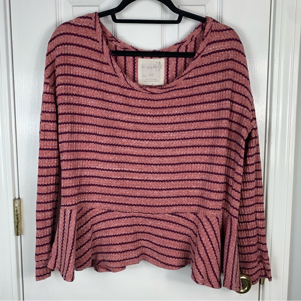 Free People Striped Thermal Waffle Knit Peplum Top Size Small